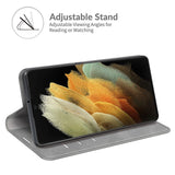 Samsung Galaxy S22 Ultra Matte Leather Flip Case w. Card Holder & Stand - Grey