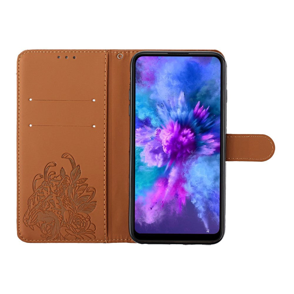 Samsung Galaxy S22 Leather Flip Case Tiger Pattern w. Strap - Brown