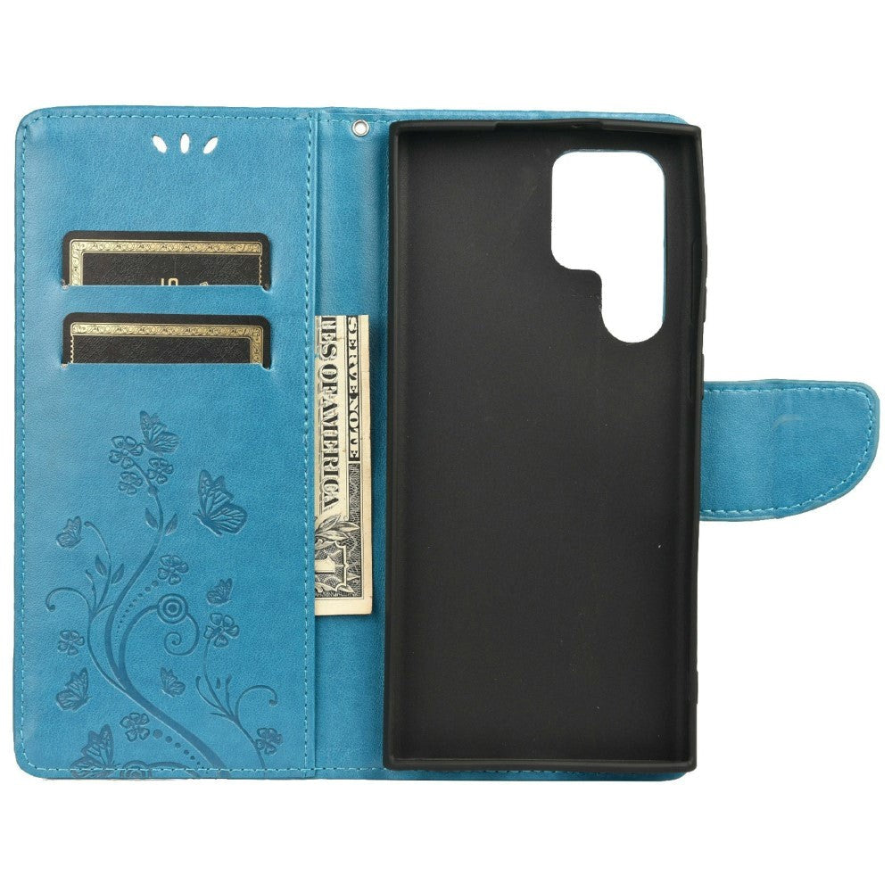 Samsung Galaxy S22 Ultra Leather Wallet Case Butterflies & Flowers - Blue