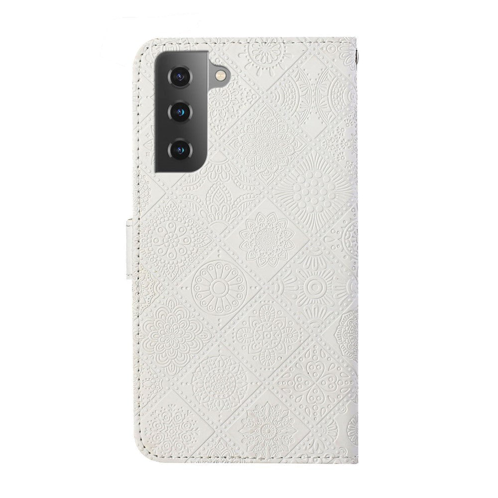 Samsung Galaxy S22+ (Plus) Leather Wallet Case Pattern with Flowers - White