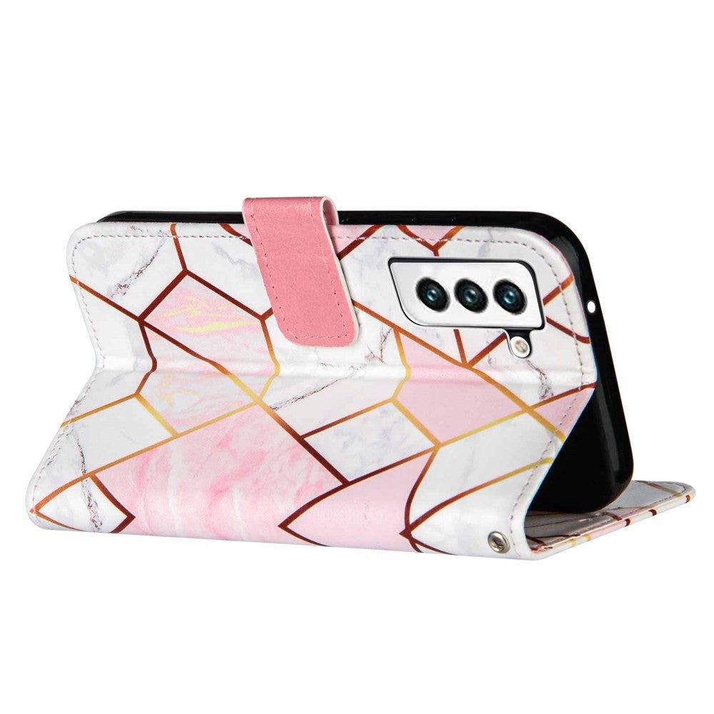 Samsung Galaxy S22 Soft Leather Wallet Case - Pink / White Marble