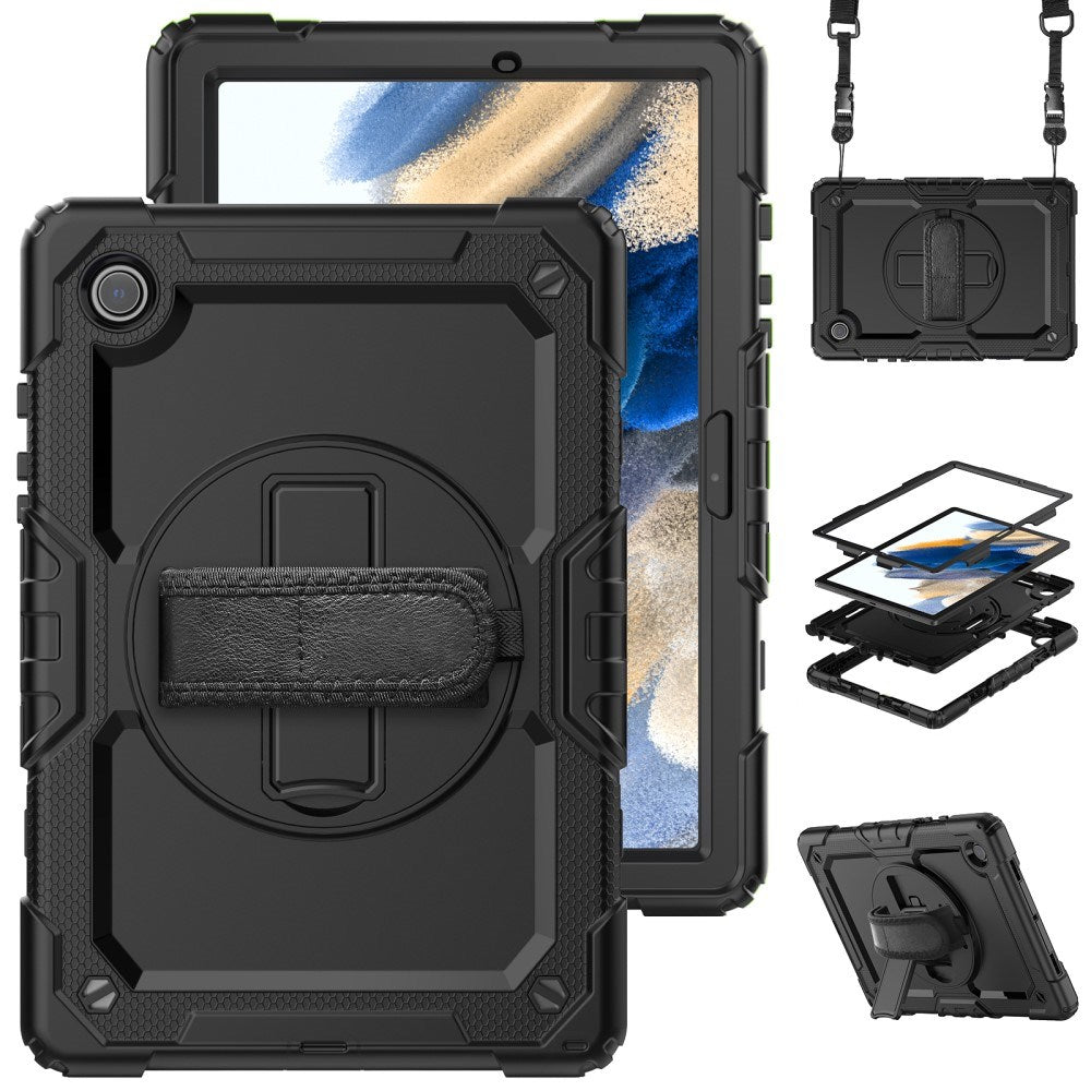 EIDERWOOD Samsung Galaxy Tab A8 10.5" (2021) Tough Case w. Hand Holder, Shoulder Strap & Screen Protector - Black