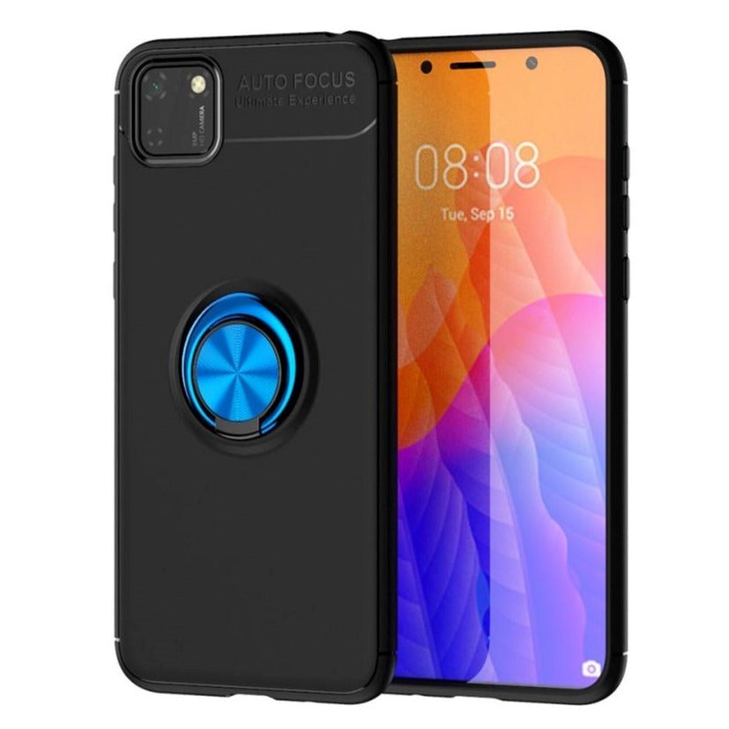 Huawei Y5p Case w. Magnetic Kickstand Black with Blue Ring