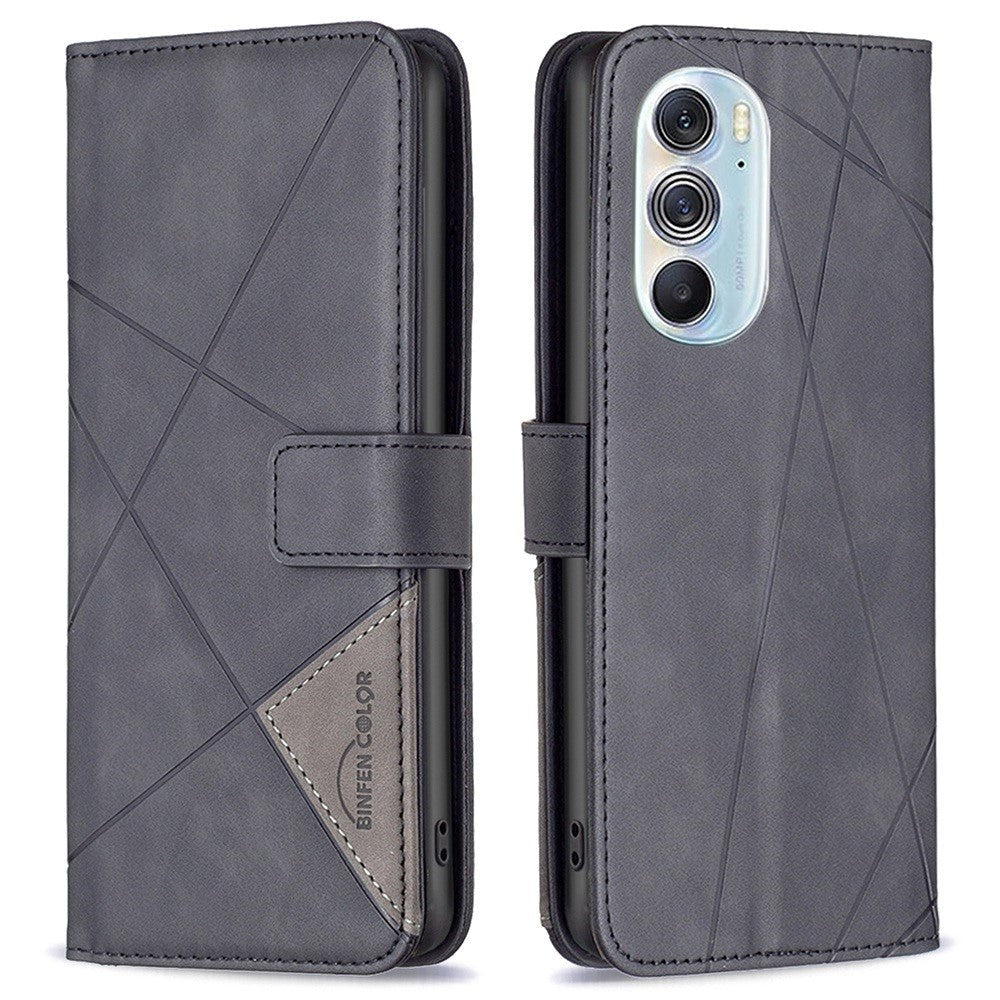 Motorola Edge 30 Pro Leather Flip Case w. Geometric Lines - Black