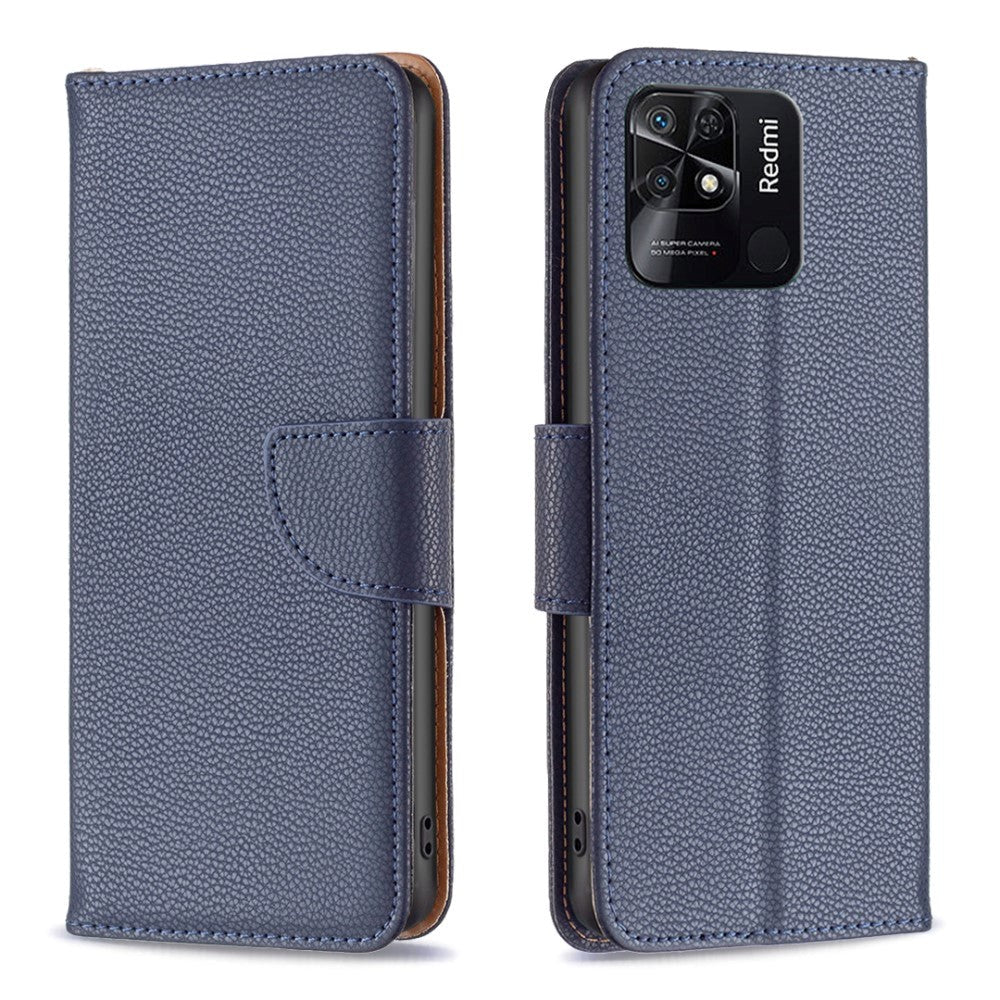 Xiaomi Redmi 10C Litchi Leather Flip Case with Wallet & Stand Function - Dark Blue