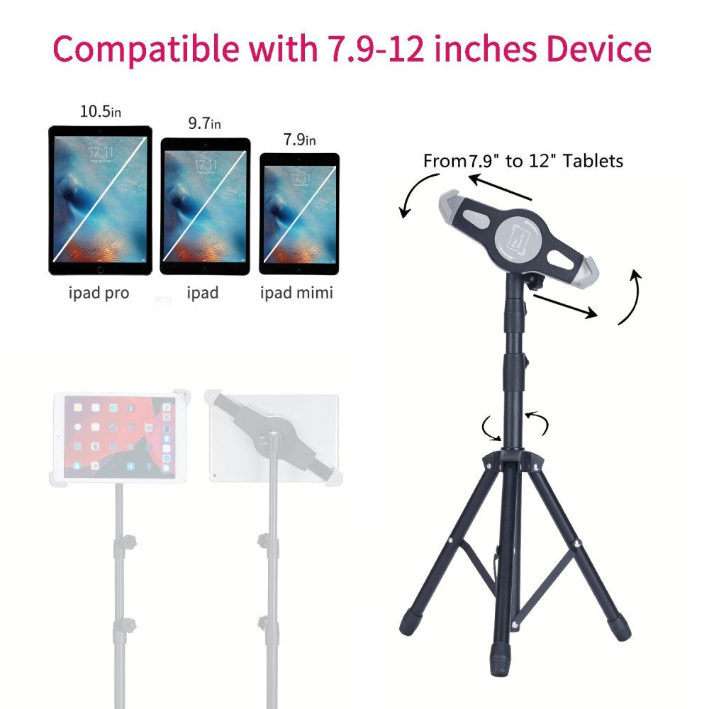 Portable Tablet Tripod Stand w. Adjustable Tablet Holder - Black