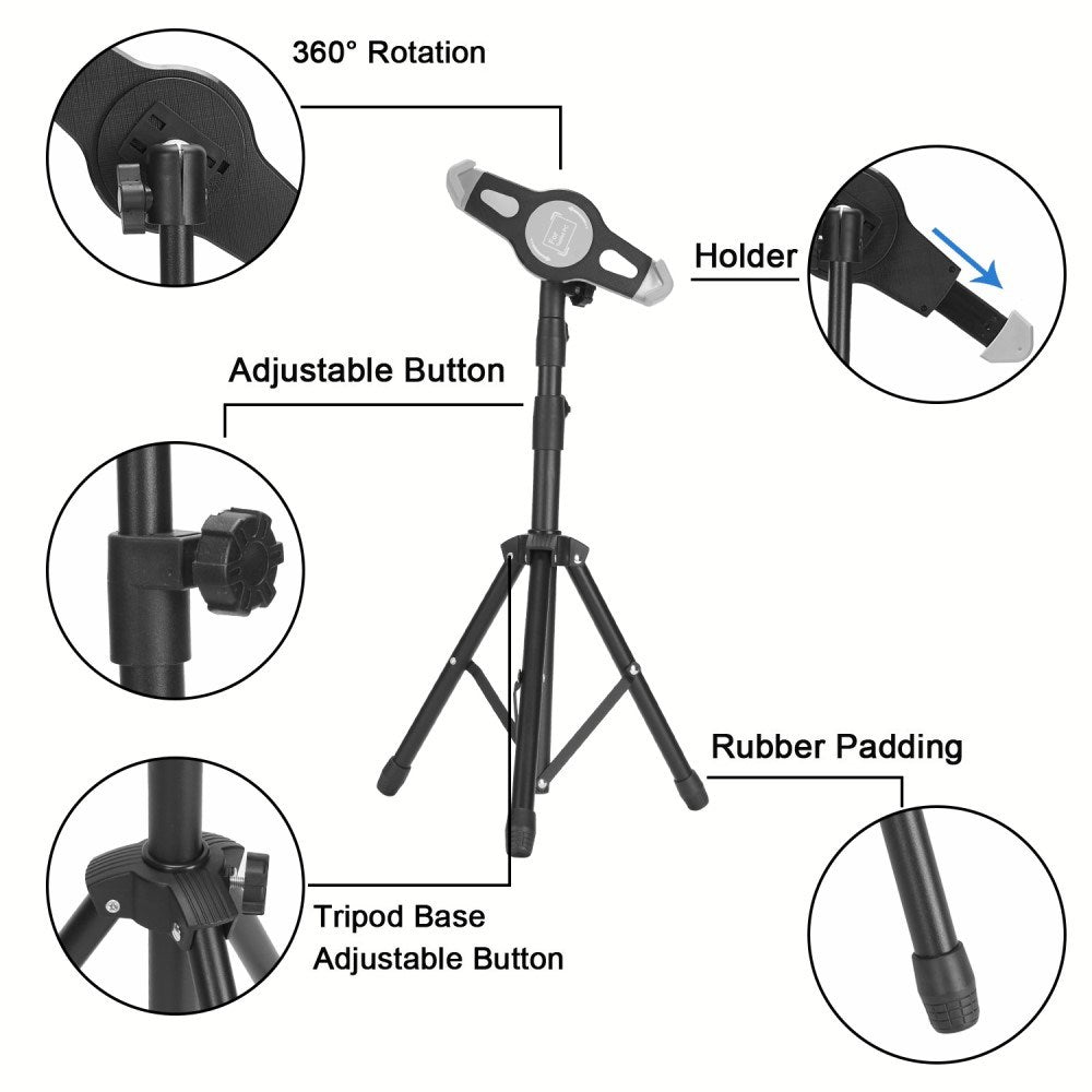 Portable Tablet Tripod Stand w. Adjustable Tablet Holder - Black