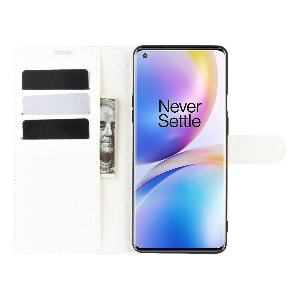 OnePlus 8 Pro Litchi Leather Flip Case w. Wallet - White