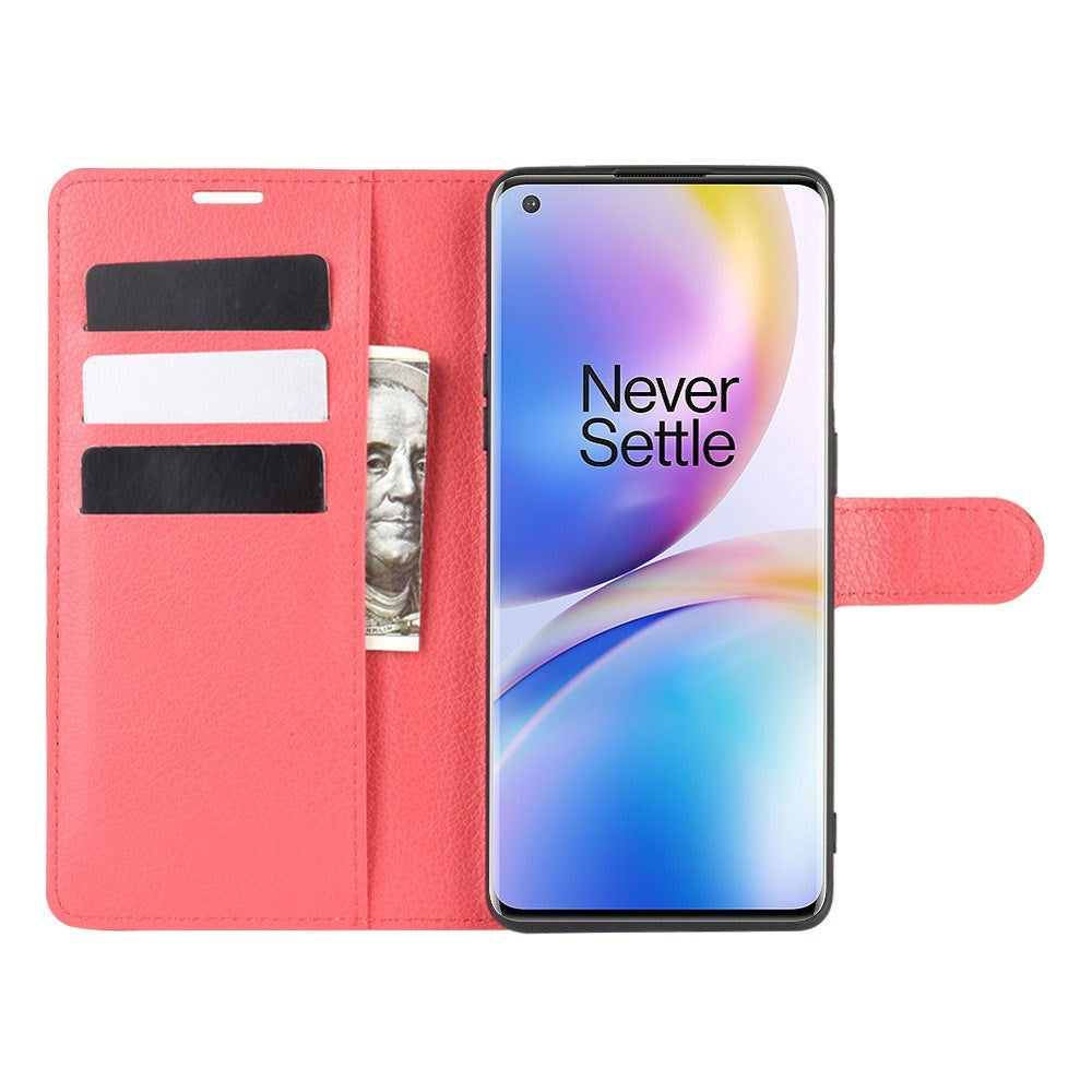 OnePlus 8 Pro Litchi Leather Flip Case w. Wallet - Red