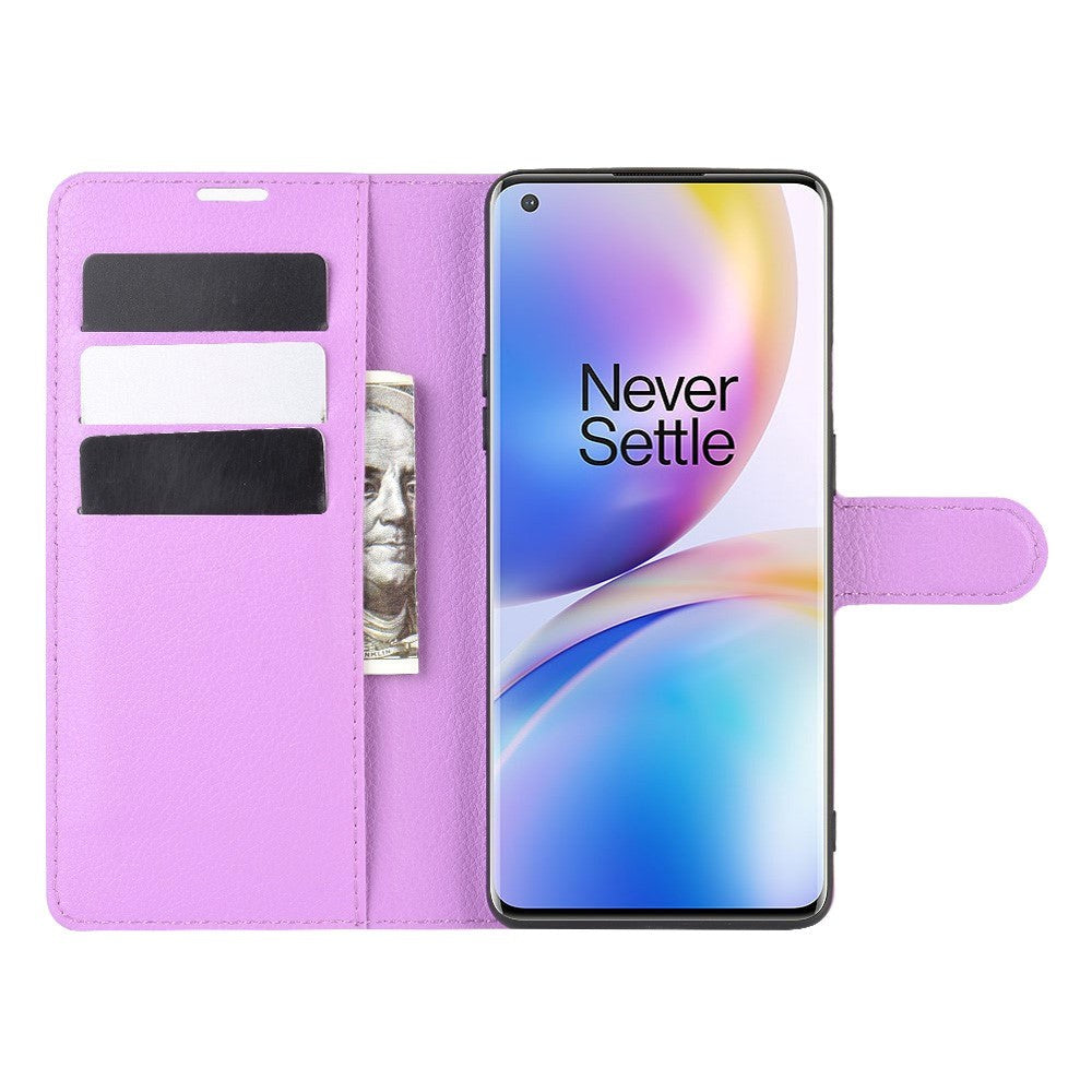 OnePlus 8 Pro Litchi Leather Flip Case w. Wallet - Purple