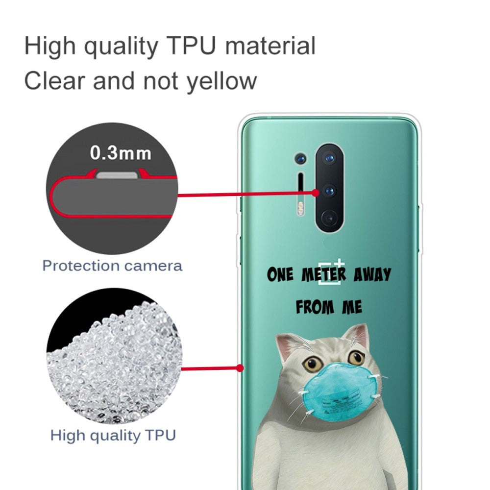 OnePlus 8 Pro Flexible Plastic Case w. Print - Transparent / Cat with Mask