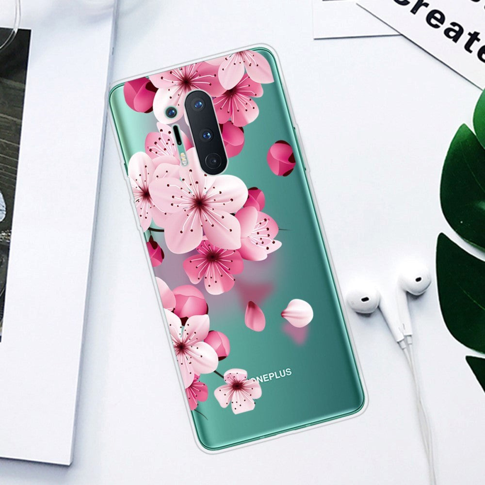 OnePlus 8 Pro Flexible Plastic Case w. Print - Transparent / Pink Flowers