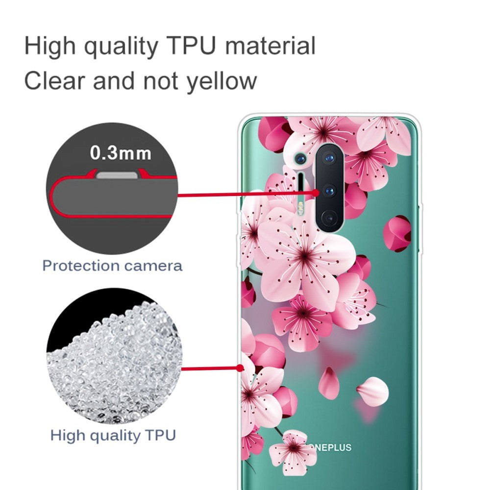 OnePlus 8 Pro Flexible Plastic Case w. Print - Transparent / Pink Flowers