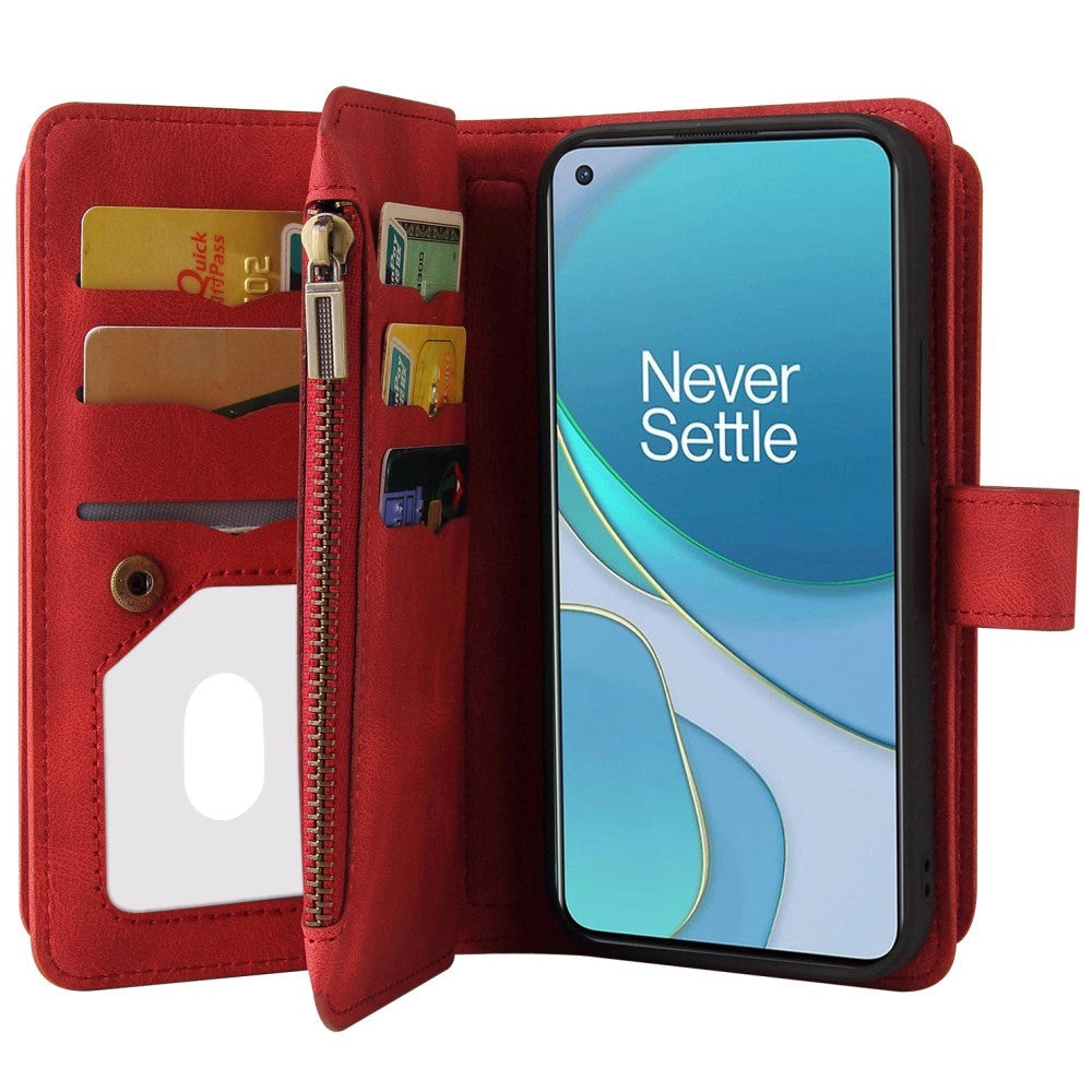 OnePlus 9 Leather Flip Case w. Strap, Wallet & 15 Card Holders - Red