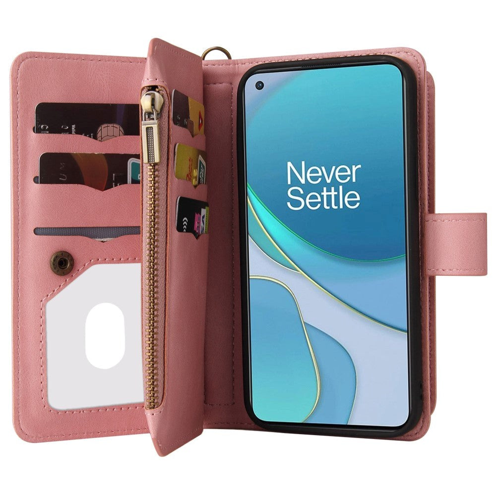 OnePlus 9 Leather Flip Case w. Strap, Wallet & 15 Card Holders - Pink