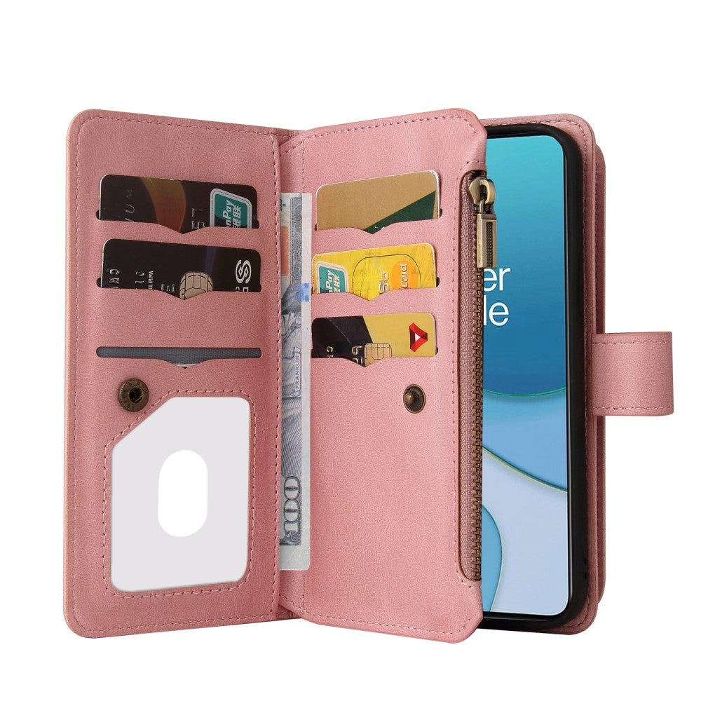 OnePlus 9 Leather Flip Case w. Strap, Wallet & 15 Card Holders - Pink