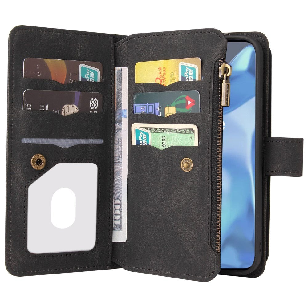 OnePlus 9 Pro Leather Flip Case w. Strap, Wallet & 15 Card Holders - Black