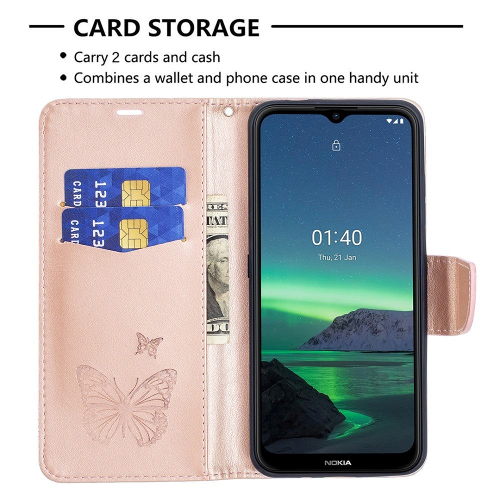 Nokia 1.4 Leather Wallet Case & Strap Butterfly - Rose Gold