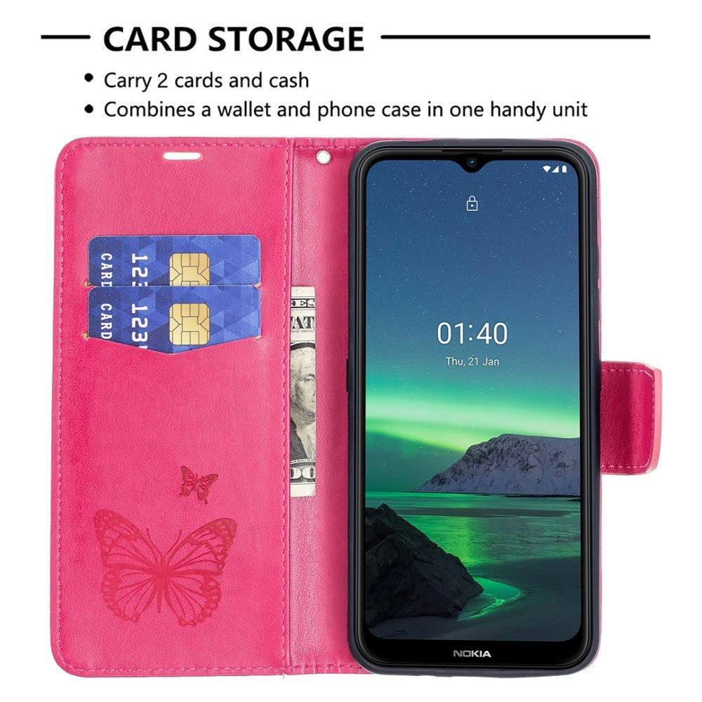 Nokia 1.4 Leather Wallet Case & Strap Butterfly - Pink