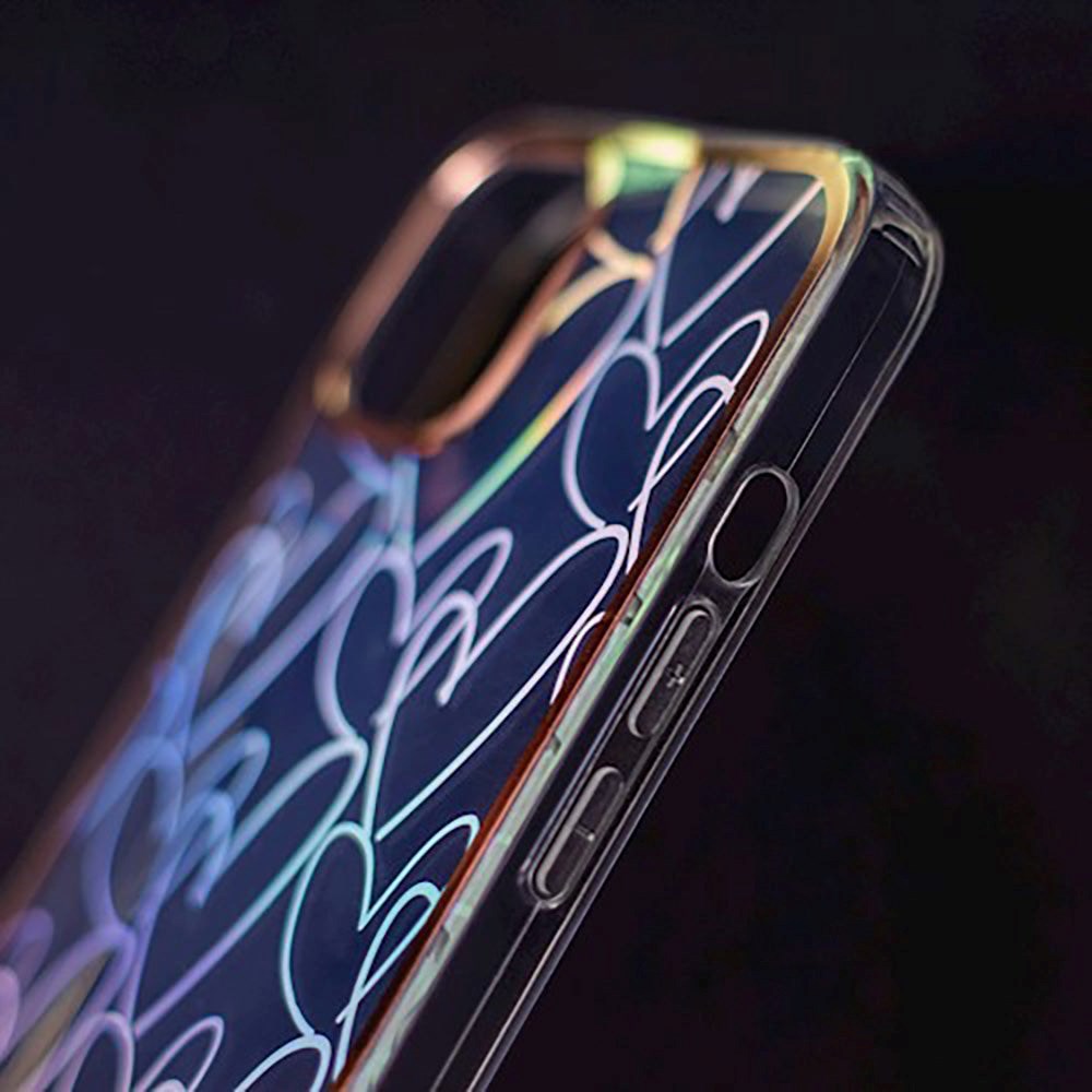 iPhone 13 Pro Hybrid Plastic Case w. Holographic Print - Hearts Motif - Transparent