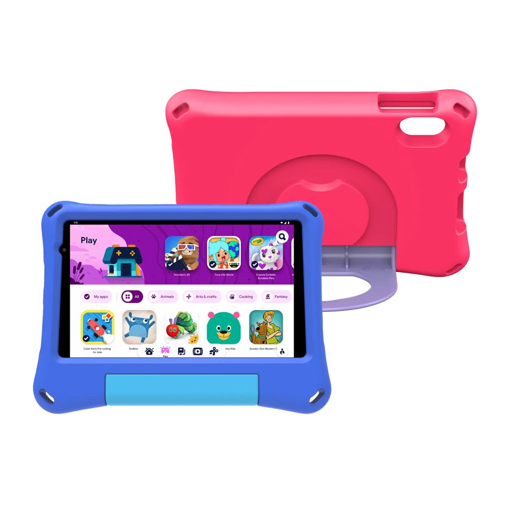 Denver TIO-80115KBUP Children's Tablet 8" with Android 16 - incl. 2 x Children's Cases - 4 RAM & 64 GB - 4,000mAh - Grey / Pink / Blue