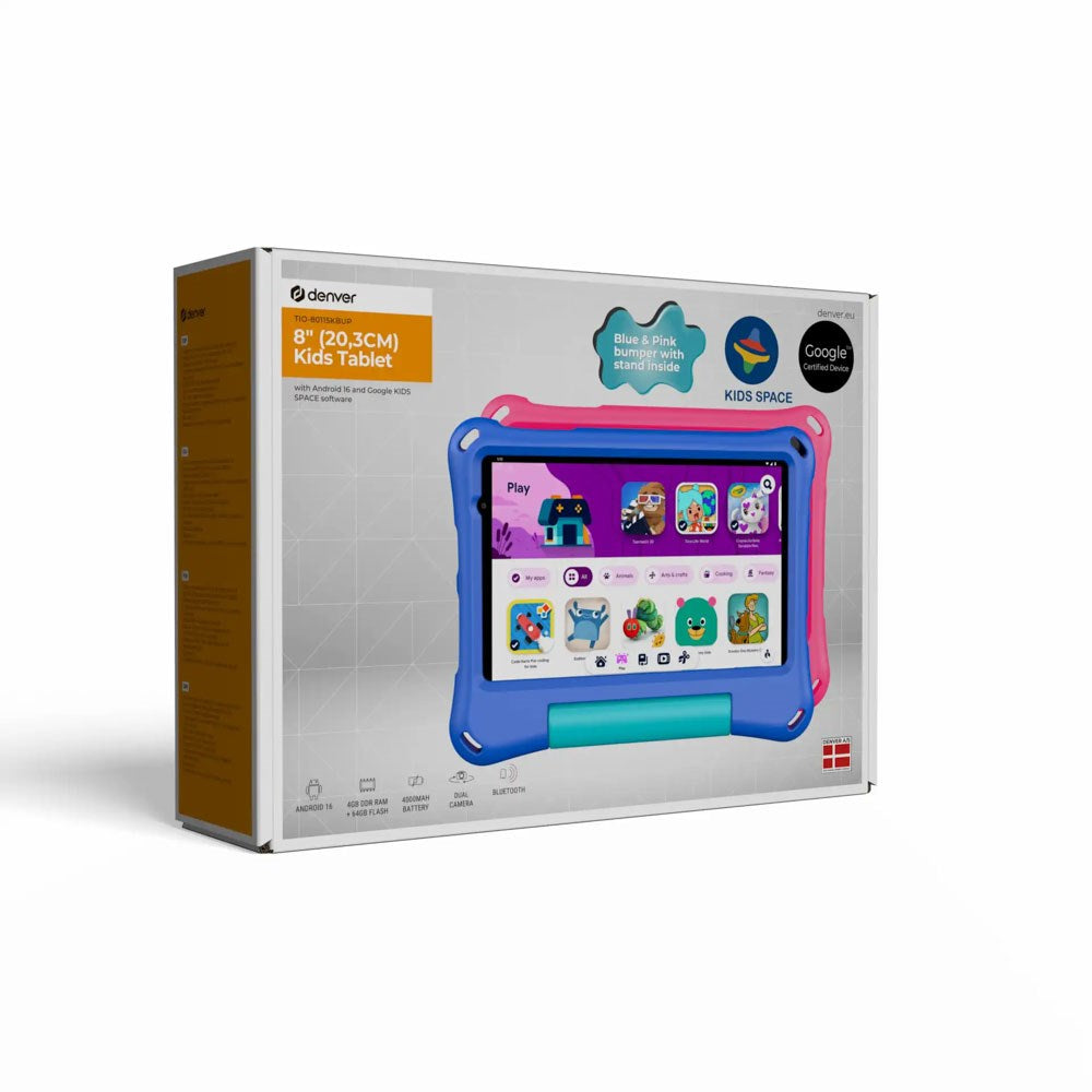 Denver TIO-80115KBUP Children's Tablet 8" with Android 16 - incl. 2 x Children's Cases - 4 RAM & 64 GB - 4,000mAh - Grey / Pink / Blue