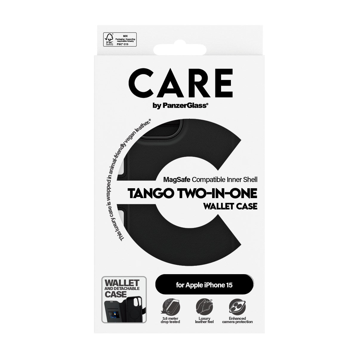 CARE by PanzerGlass iPhone 15 Feature Tango 2-in-1 Flip Case with Wallet - Black