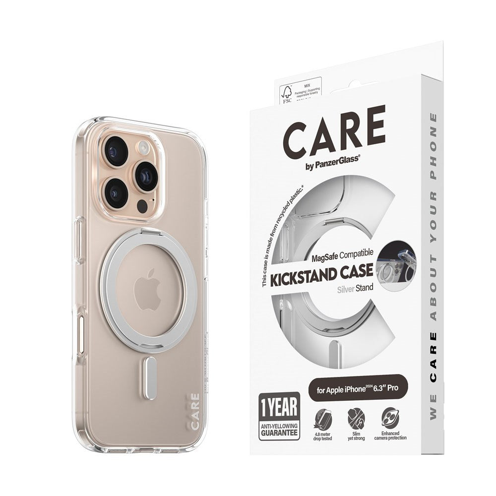 CARE by PanzerGlass iPhone 16 Pro Feature Kickstand Case - MagSafe Compatible - Transparent / Silver