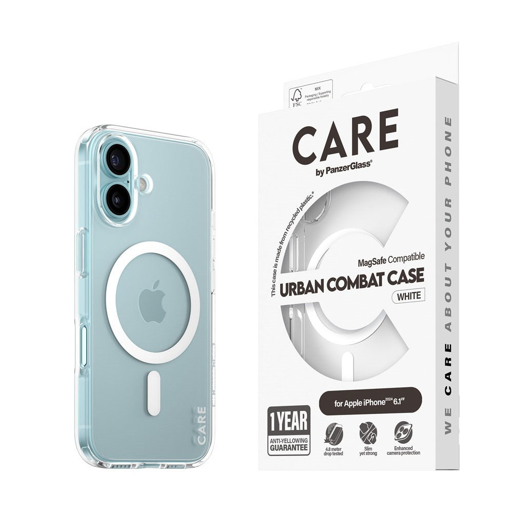 CARE by PanzerGlass iPhone 16 FLAGSHIP Urban Combat Case - MagSafe Compatible - Transparent / White