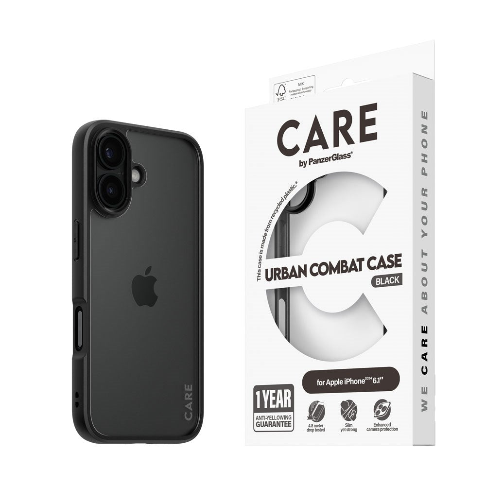 CARE by PanzerGlass iPhone 16 FLAGSHIP Urban Combat Case - Transparent / Black Frame