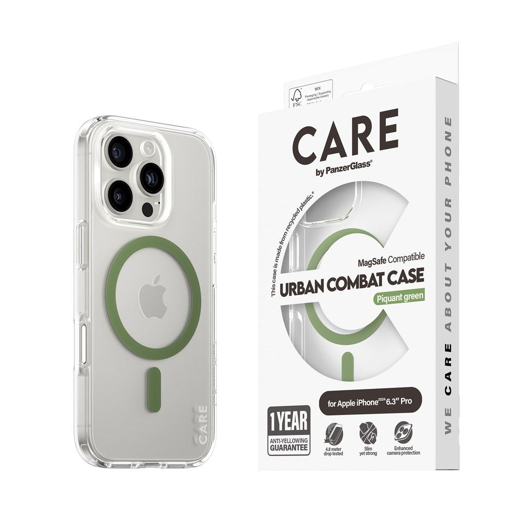 CARE by PanzerGlass iPhone 16 Pro FLAGSHIP Urban Combat Case - MagSafe Compatible - Transparent / Piquant Green