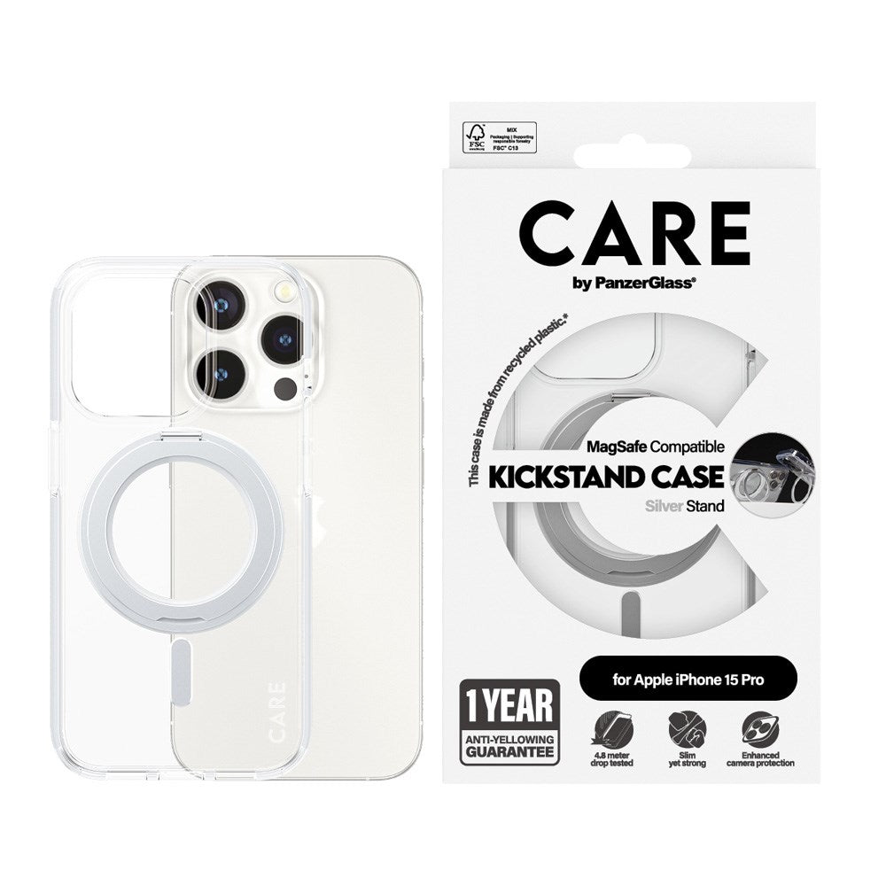 CARE by PanzerGlass iPhone 15 Pro Feature Kickstand Case - MagSafe Compatible - Transparent / Silver