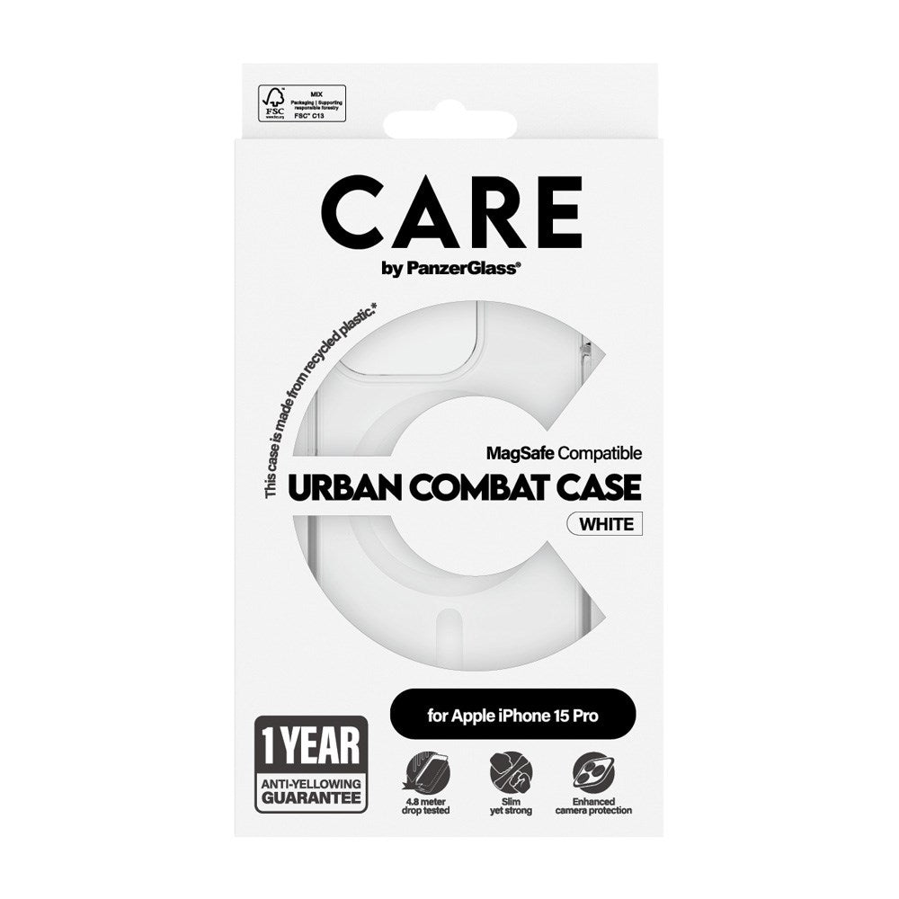 CARE by PanzerGlass iPhone 15 Pro FLAGSHIP Urban Combat Case - MagSafe Compatible - Transparent / White