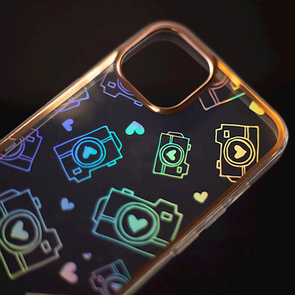 iPhone 14 Pro Max Hybrid Plastic Case w. Holographic Print - Camera Motif - Transparent