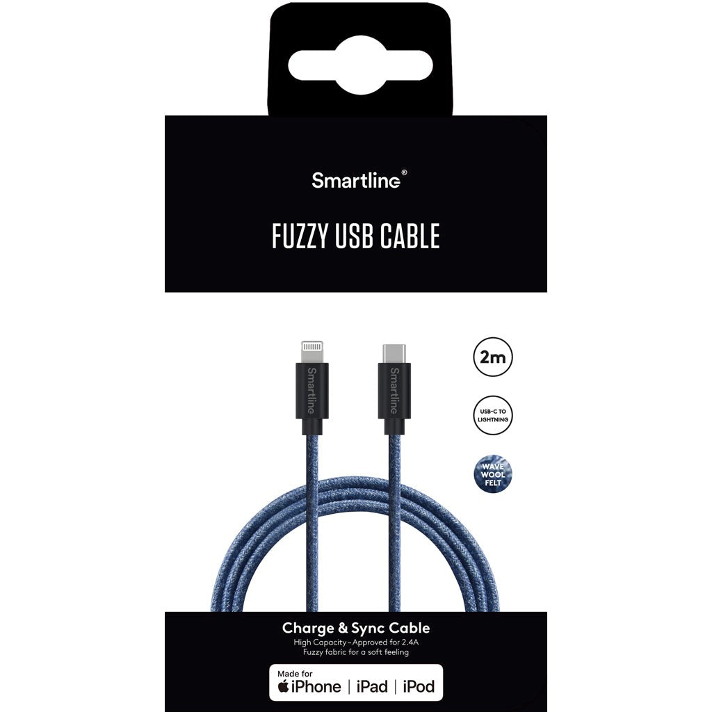 Smartline Fuzzy USB-C to Lightning Cable 2 w. - Blue