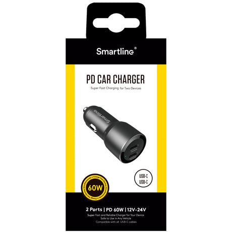 Smartline 60W PD (Power Delivery) Car Charger 2 x USB-C - Black