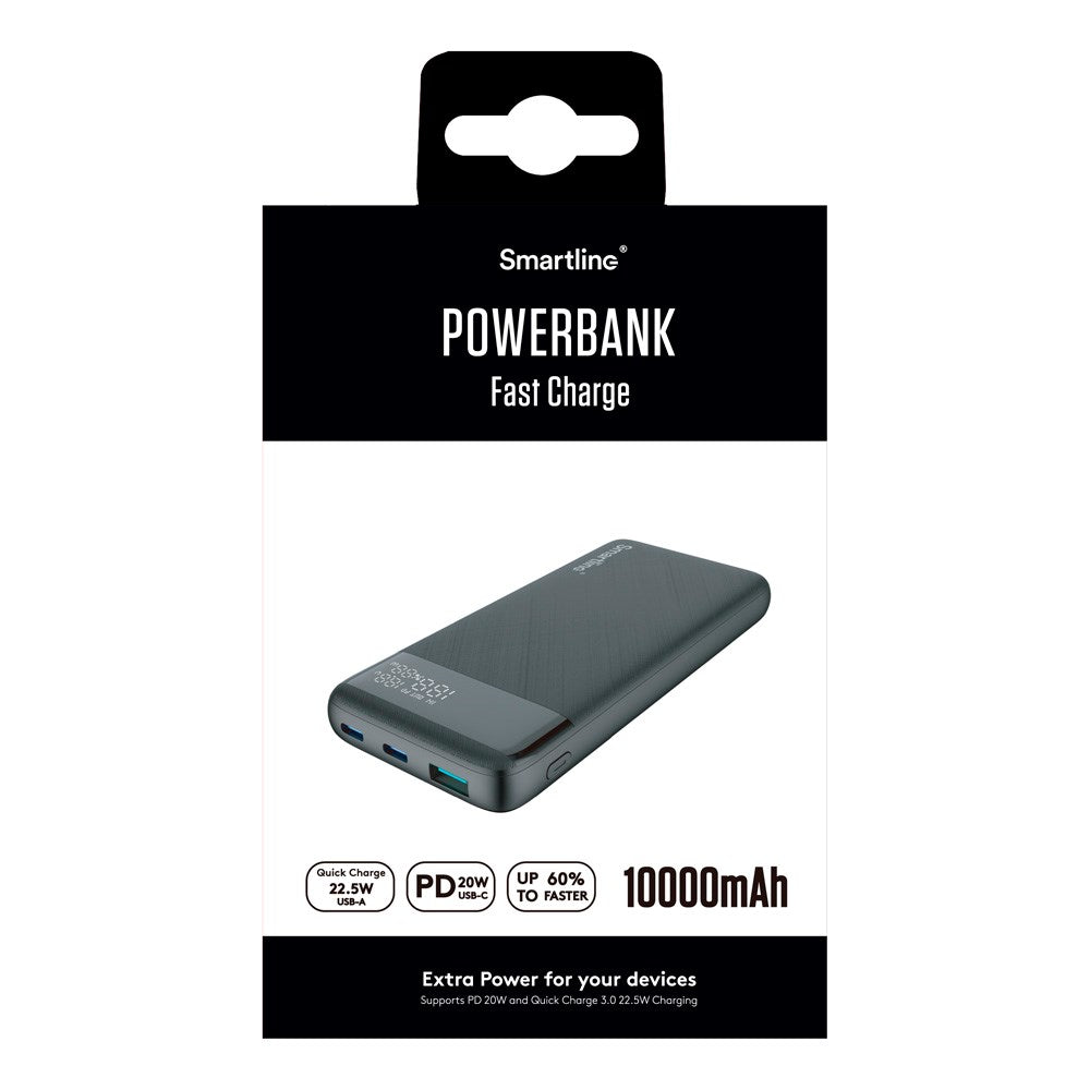 Smartline 10.000mAh Powerbank with PD / QC3.0 & LED-Display - Black