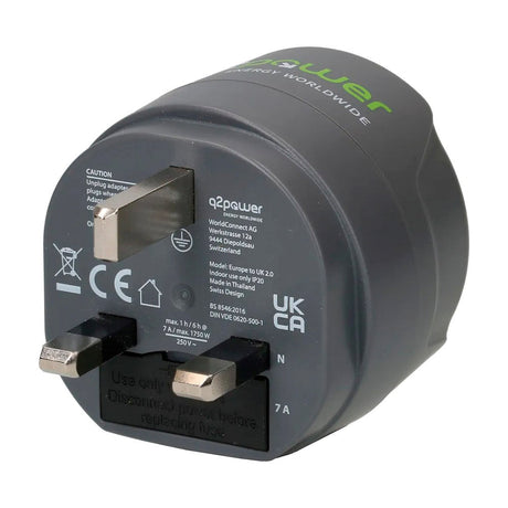 Q2 Power Europe to UK Travel Adapter - Grey