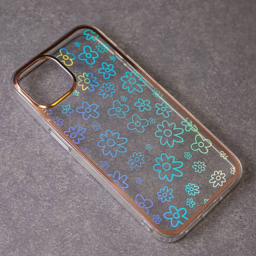 iPhone 14 Pro Hybrid Plastic Case w. Holographic Print - Flowers Motif - Transparent