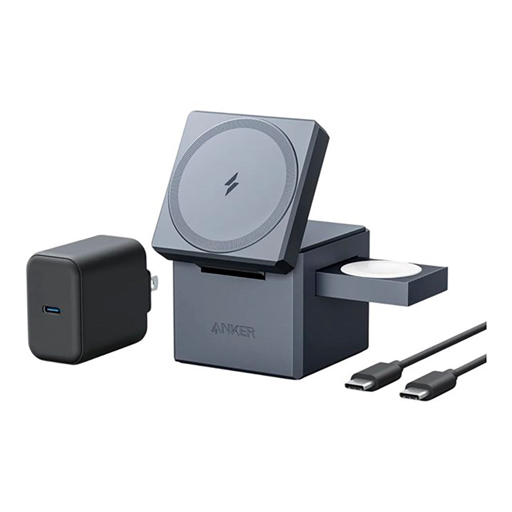 Anker 3-in-1 Wireless Charger Cube 15W w. 30W USB-C Wall Charger - MagSafe Compatible - Gray