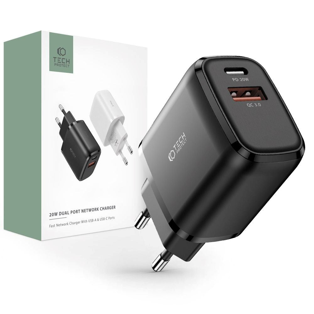 Tech-Protect Network 20W Wall Charger w. 1 x USB-C & 1 x USB-A - Black