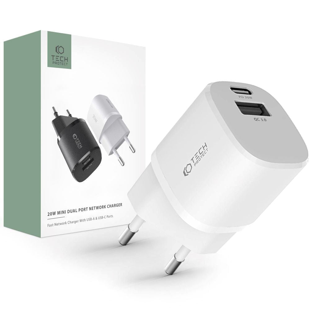 Tech-Protect Network 20W Wall charger with 1 x USB-A QC & 1 x USB-C PD - White