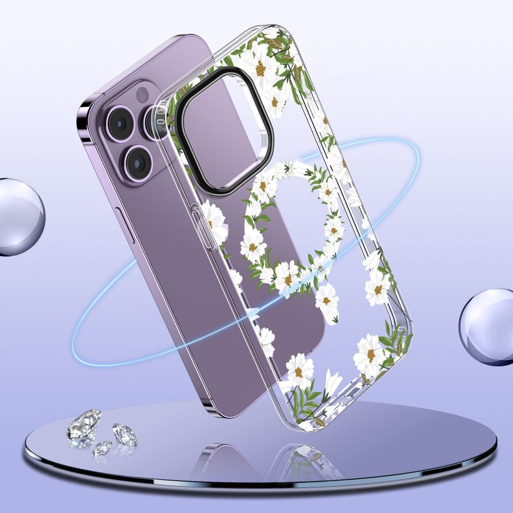 iPhone 15 Tech-Protect MagMood Case  - MagSafe Compatible - White Daisy