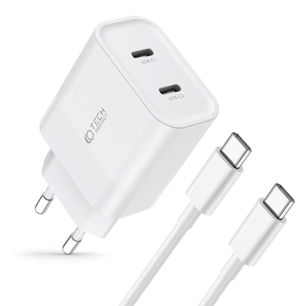 Tech-Protect 20W Wall charger with 2 x USB-C & USB-C Cable - White