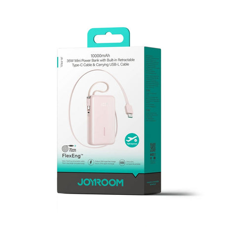 Joyroom JR-PR2L 35W PowerBank with Retractable USB-C Cable & Built-in Lightning Cable - 10.000mAh - Pink