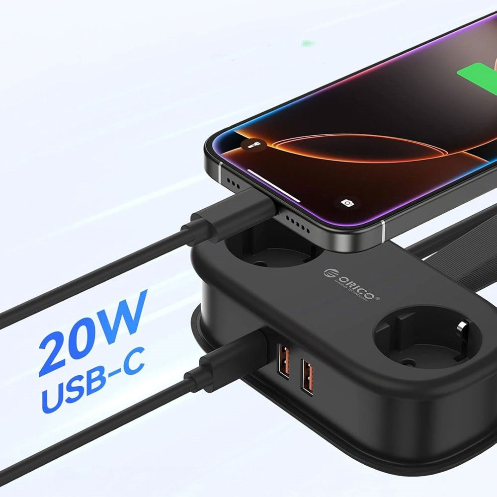 ORICO 20W 5-in-1 Power Strip with 2 x Schuko 2 x USB-A 1 x USB-C - Black