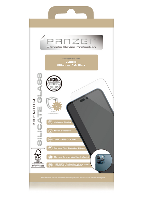 iPhone 14 Pro PANZER Screen Protection Glass Premium - Ultimate Clarity - Anti-bacterial - Incl. Camera Protection