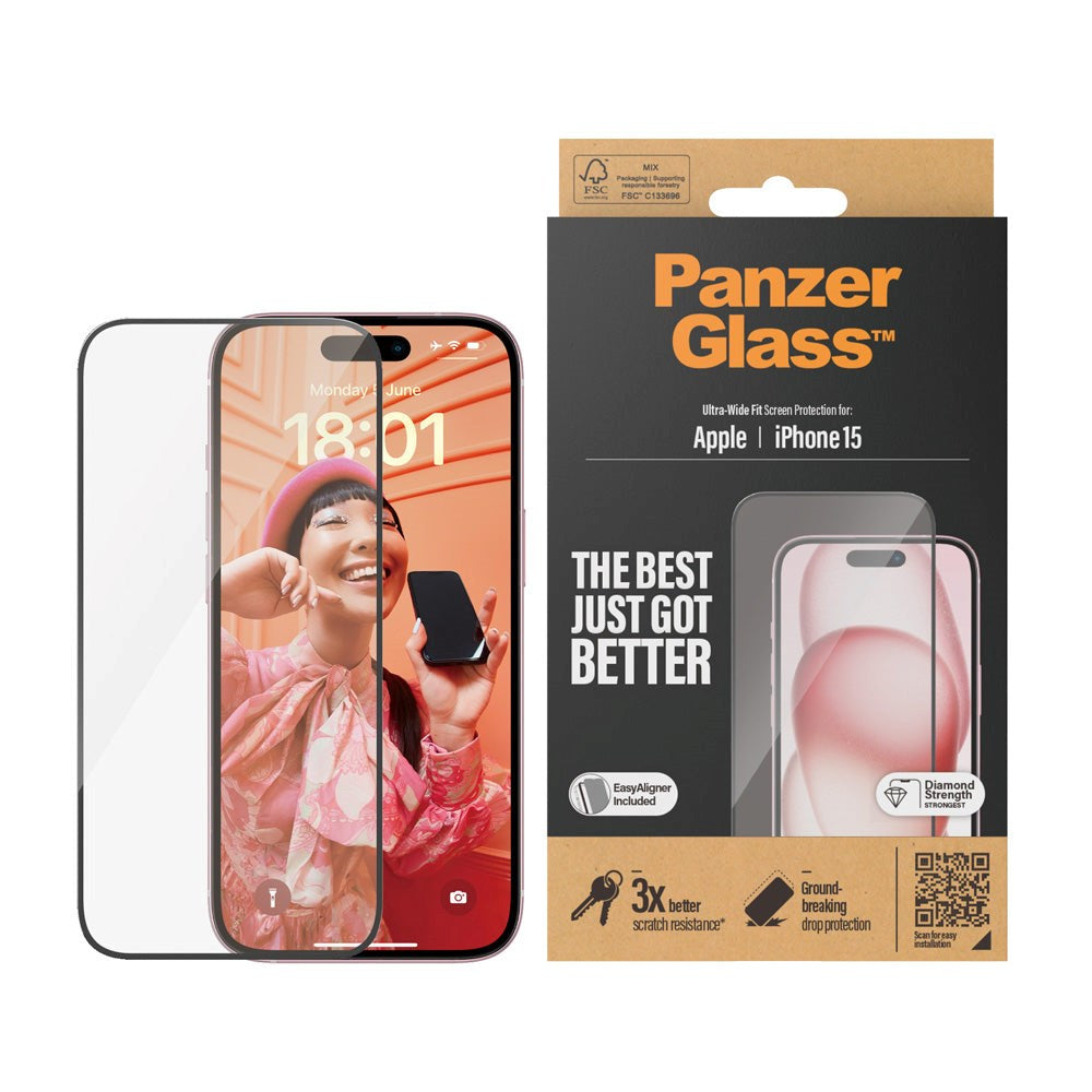 iPhone 15 PanzerGlass Ultra Wide Fit Screen Protector w. EasyAligner - Diamond Strength - Transparent / Black Edge