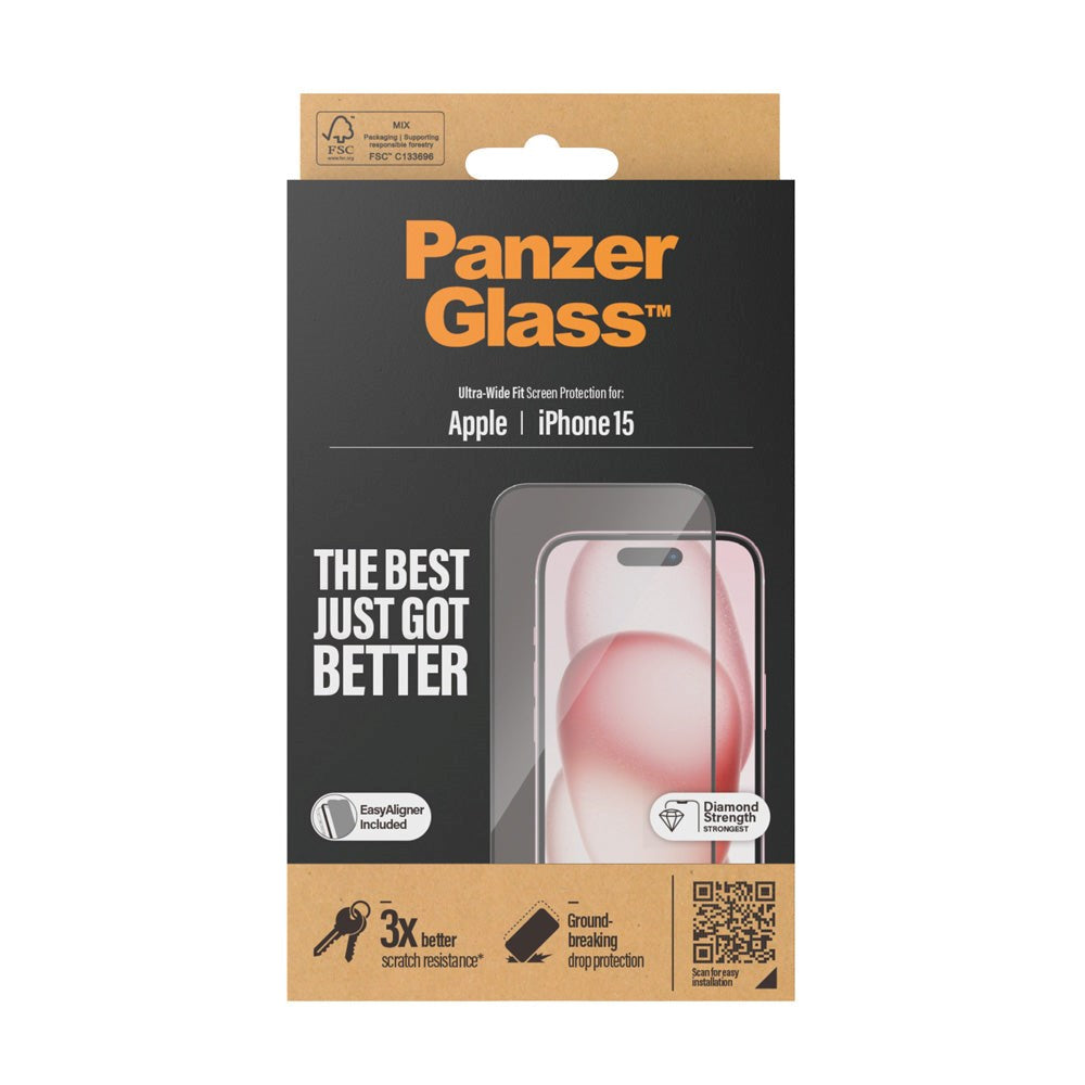 iPhone 15 PanzerGlass Ultra Wide Fit Screen Protector w. EasyAligner - Diamond Strength - Transparent / Black Edge