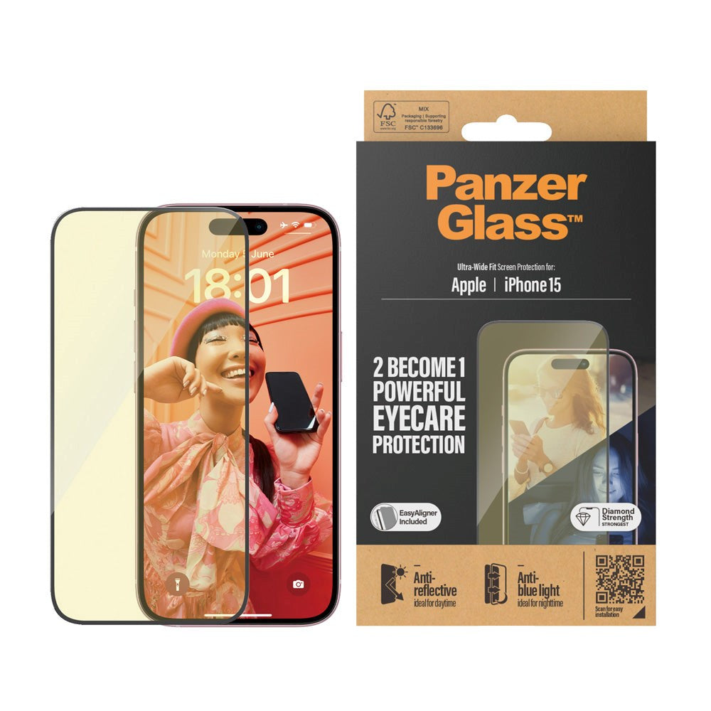 iPhone 15 PanzerGlass Ultra Wide Fit Screen Protector w. EasyAligner - Anti-Reflective - Anti-Blue Light - Diamond Strength - Transparent / Black Edge